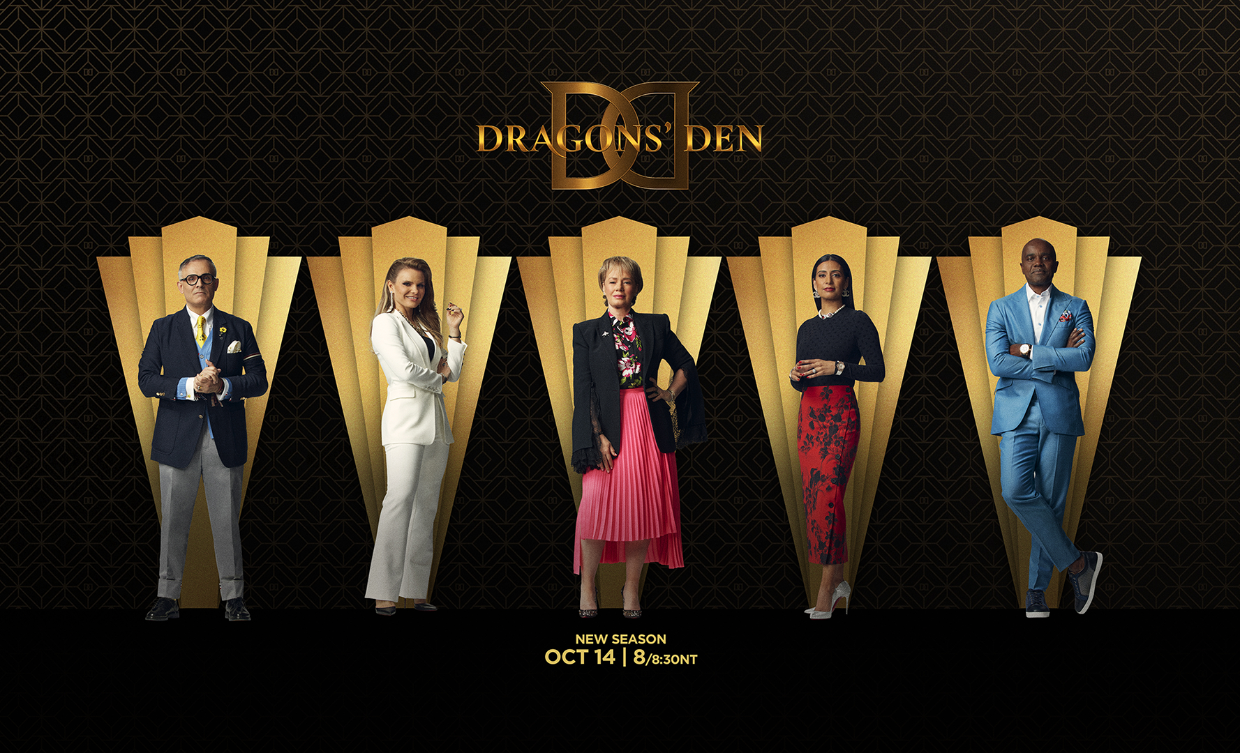 Each Dragons' Den dragon stands in front of an Art Deco gold fan in front of a black and gold background with geometric diamond pattern.